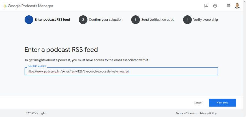 Insert your podcast RSS feed on Google Podcasts