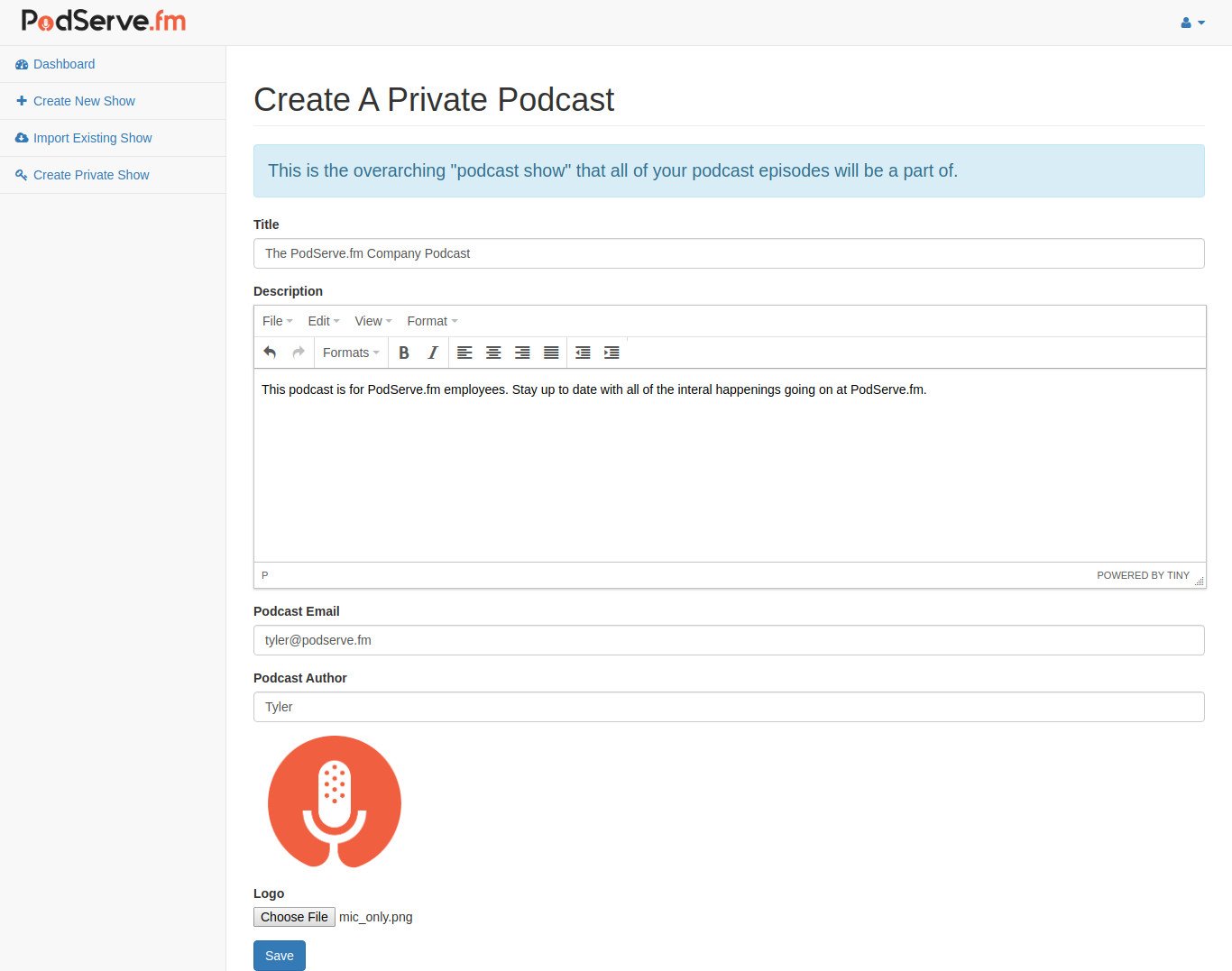 Example of create a podcast show page