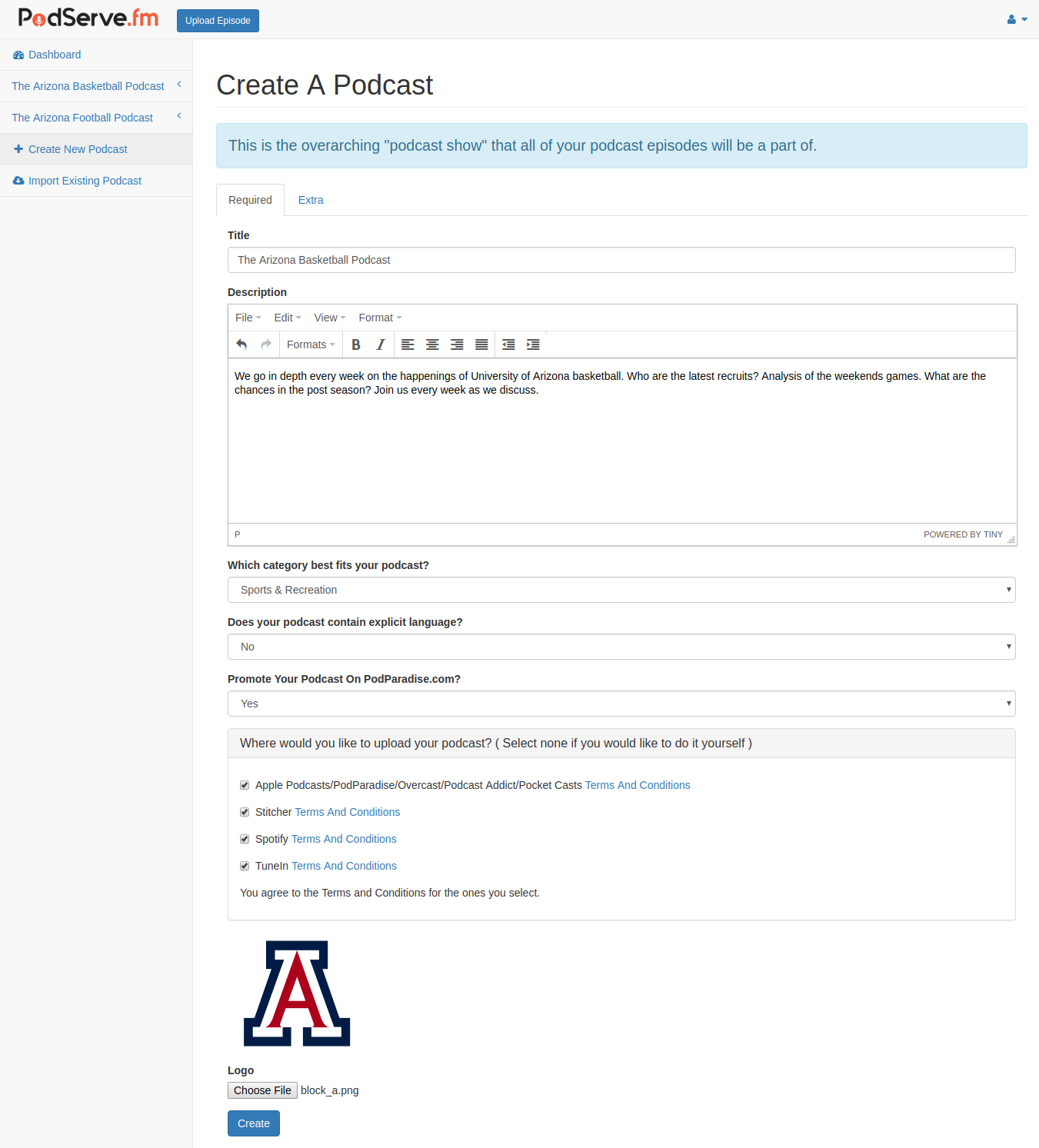 Example of create a podcast show page